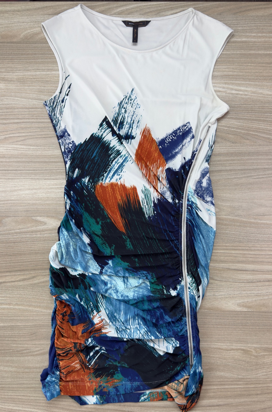 BCBGMAXAZRIA Women's Dress Multi Size M Abstract Print Ruched Bodycon Side Zip